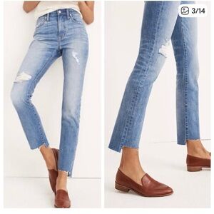 Madewell High-Rise Slim Boyjean in Distressed Blue step hem jeans 27